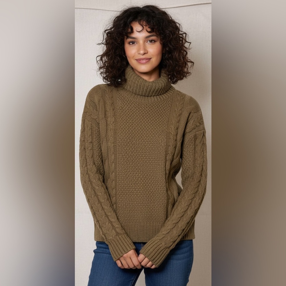 Madewell Sweater Womens XS Green Chunky Cable Knit Turtleneck Cottage‎